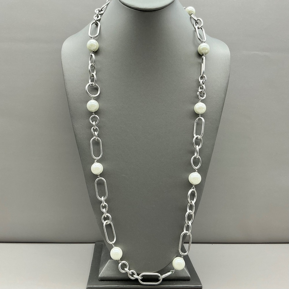 Express Necklace Womens Silver Faux Pearl Mixed Chain Link Long Strand Jewelry
